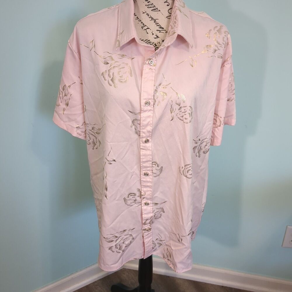 ZEROYAA Mens Hipster Gold Rose Printed Slim Fit Short Sleeve Button Down Shirt